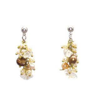Tahitian Pearls and Rock Crystals Earrings, Elegant Neutral Cluster Dangle